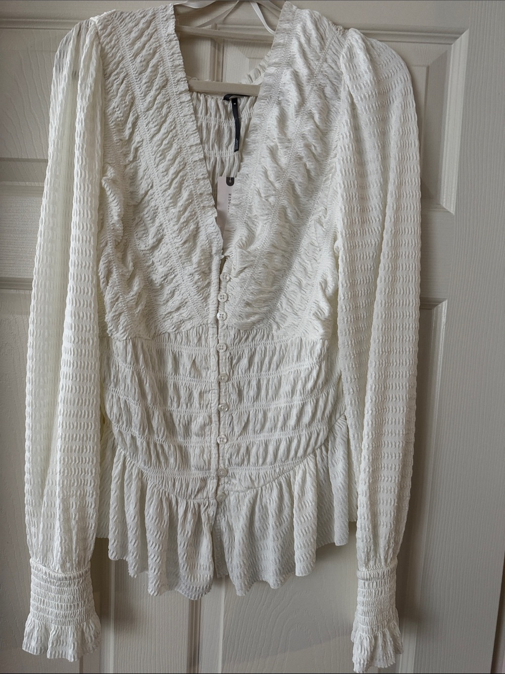 Anthropologie Cream Textured Ruched Button Blouse